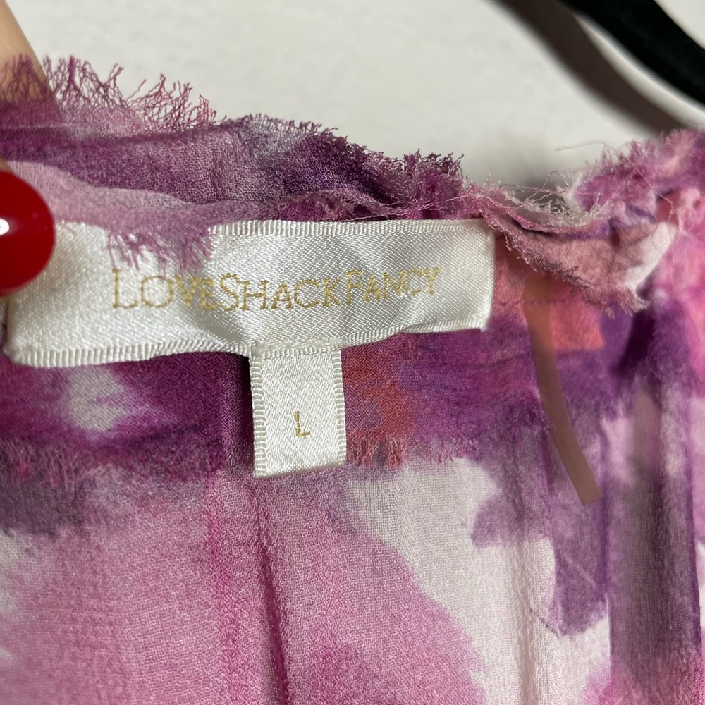 LOVESHACKFANCY Ruffled Popover Pink Purple Floral Silk Mini Dress L - Picture 10 of 12